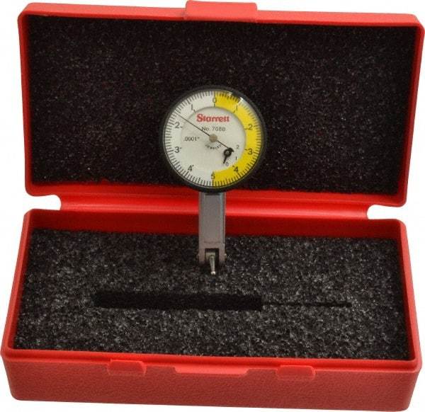 Starrett - 0.02 Inch Range, 0.0001 Inch Dial Graduation, Horizontal Dial Test Indicator - 1-3/8 Inch White Dial, 0-5-0 Dial Reading - Apex Tool & Supply