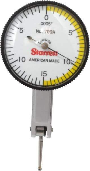 Starrett - 0.03 Inch Range, 0.0005 Inch Dial Graduation, Horizontal Dial Test Indicator - 1-3/8 Inch White Dial, 0-15-0 Dial Reading - Apex Tool & Supply