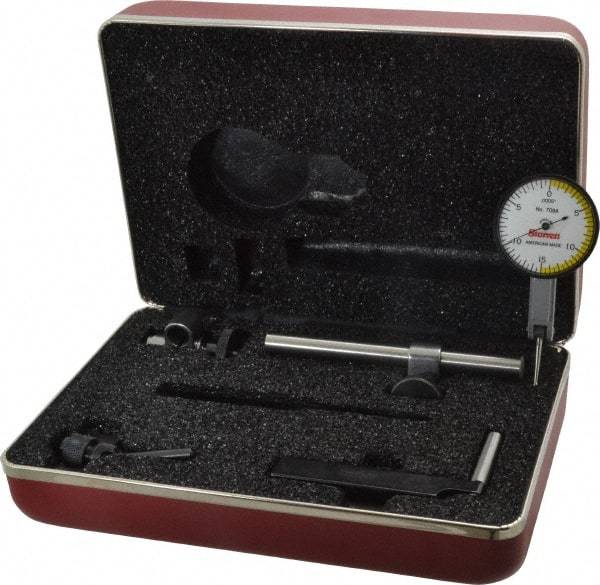 Starrett - 7 Piece, 0" to 0.03" Measuring Range, 1-3/8" Dial Diam, 0-15-0 Dial Reading, White Dial Test Indicator Kit - 13/16" Contact Point Length, 2mm Ball Diam, 0.0005" Dial Graduation - Apex Tool & Supply