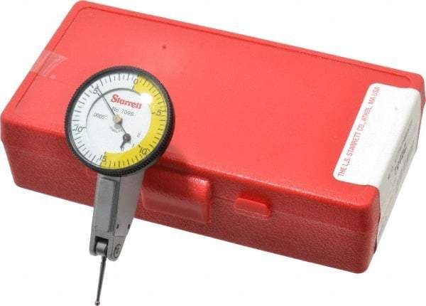 Starrett - 0.06 Inch Range, 0.0005 Inch Dial Graduation, Horizontal Dial Test Indicator - 1-3/8 Inch White Dial, 0-15-0 Dial Reading - Apex Tool & Supply