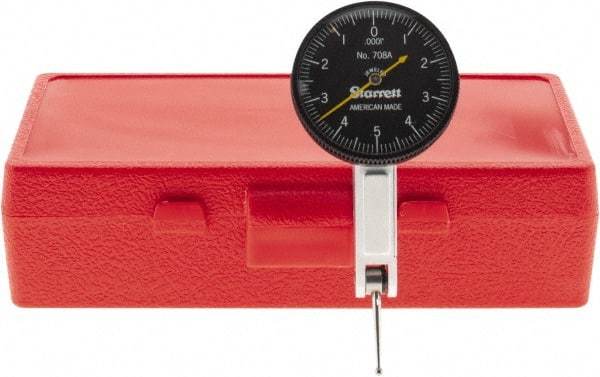 Starrett - 0.01 Inch Range, 0.0001 Inch Dial Graduation, Horizontal Dial Test Indicator - 1-3/8 Inch Black Dial, 0-5-0 Dial Reading - Apex Tool & Supply