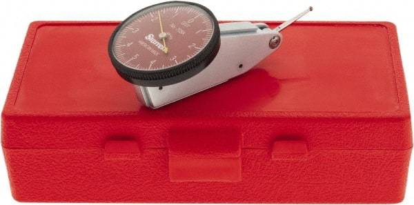 Starrett - 0.01 Inch Range, 0.0001 Inch Dial Graduation, Horizontal Dial Test Indicator - 1-3/8 Inch Red Dial, 0-5-0 Dial Reading - Apex Tool & Supply