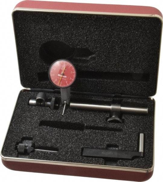 Starrett - 7 Piece, 0" to 0.01" Measuring Range, 1-3/8" Dial Diam, 0-5-0 Dial Reading, Red Dial Test Indicator Kit - 13/16" Contact Point Length, 2mm Ball Diam, 0.0001" Dial Graduation - Apex Tool & Supply