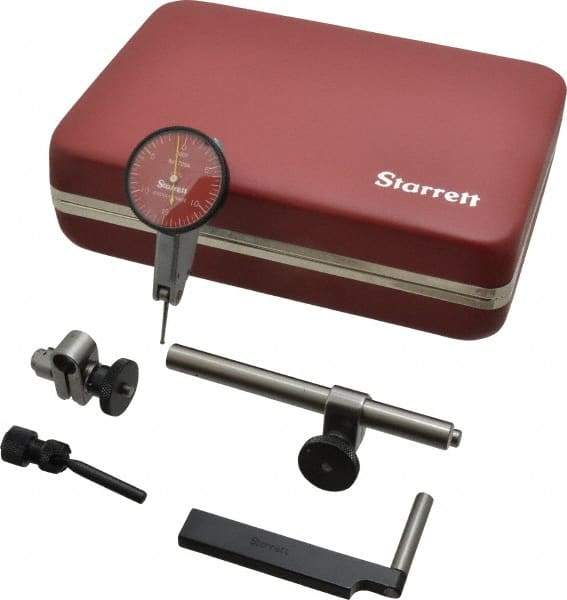 Starrett - 7 Piece, 0" to 0.03" Measuring Range, 1-3/8" Dial Diam, 0-15-0 Dial Reading, Red Dial Test Indicator Kit - 13/16" Contact Point Length, 2mm Ball Diam, 0.0005" Dial Graduation - Apex Tool & Supply