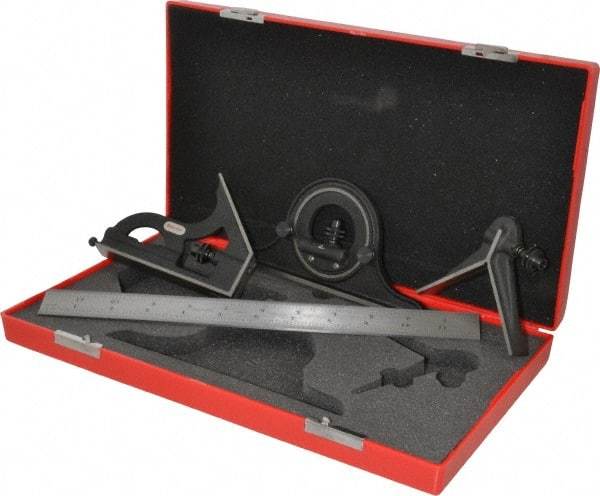 Starrett - 4 Piece, 12" Combination Square Set - 1/100, 1/32, 1/50 & 1/64" (16R) Graduation, Steel Blade, Cast Iron Center, Protractor & Square Head - Apex Tool & Supply