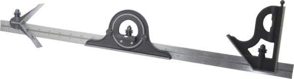 Starrett - 4 Piece, 24" Combination Square Set - 1/16, 1/32, 1/64 & 1/8" (4R) Graduation, Steel Blade, Cast Iron Center, Protractor & Square Head - Apex Tool & Supply