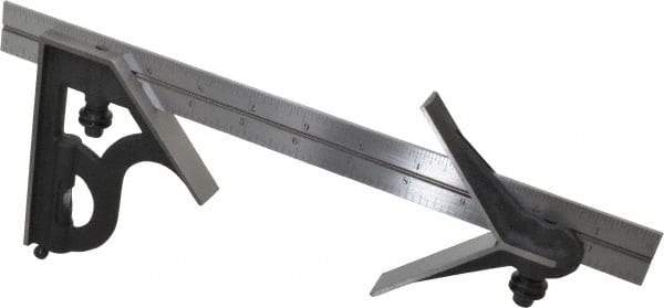Starrett - 3 Piece, 12" Combination Square Set - 1/16, 1/32, 1/64 & 1/8" (4R) Graduation, Steel Blade, Cast Iron Center & Square Head - Apex Tool & Supply