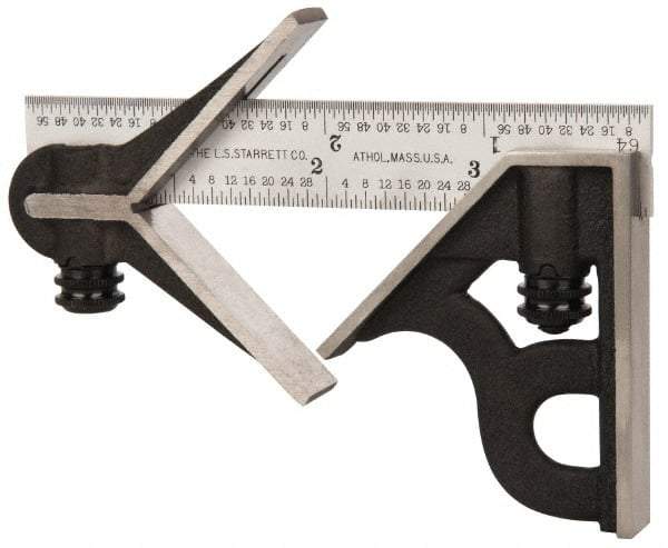 Starrett - 3 Piece, 4" Combination Square Set - 1/16, 1/32, 1/64 & 1/8" (4R) Graduation, Steel Blade, Cast Iron Center & Square Head - Apex Tool & Supply