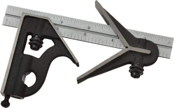 Starrett - 3 Piece, 6" Combination Square Set - 1/16, 1/32, 1/64 & 1/8" (4R) Graduation, Steel Blade, Cast Iron Center & Square Head - Apex Tool & Supply