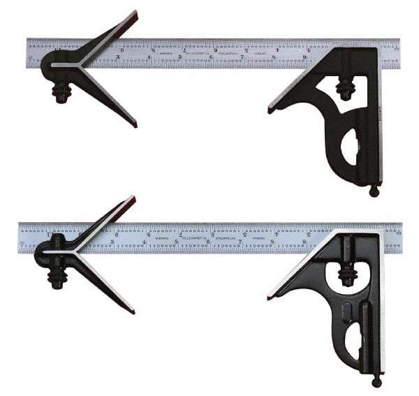 Starrett - 3 Piece, 24" Combination Square Set - 1/100, 1/32, 1/50 & 1/64" (16R) Graduation, Steel Blade, Cast Iron Center & Square Head - Apex Tool & Supply