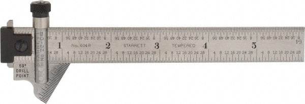 Starrett - 6 Inch Long, 59° Bevel Angle, Ruler Drill Point Gage - 1/32 Inch Bevel x 1/64 to 1/8 Ruler Graduation, Removable and Adjustable Ruler Hook, Depth Gage, Hook Rule, Plain Rule, Slide Caliper Function, Use with Rules 18.7mm Wide by 3/64 Inch Thick - Apex Tool & Supply
