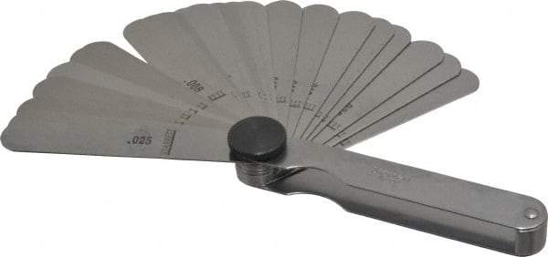 Starrett - 26 Piece, 0.0015 to 0.025" Thick, Parallel Feeler Gage Set - 3-1/32" Leaf Length, 1/2" Wide, Tempered Steel - Apex Tool & Supply