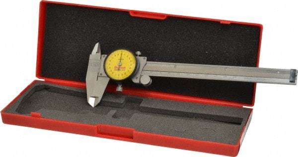 Starrett - 0mm to 150mm Range, 0.02 mm Graduation, 2mm per Revolution, Dial Caliper - Yellow Face, 1-1/2" Jaw Length, Accurate to 0.03mm - Apex Tool & Supply