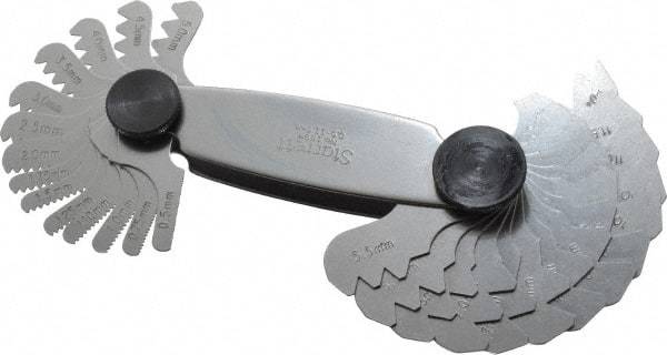 Starrett - 28 Leaf, 0.5 to 11.5mm Pitch Range, Steel Screw Pitch Gage - 60° Thread Angle - Apex Tool & Supply