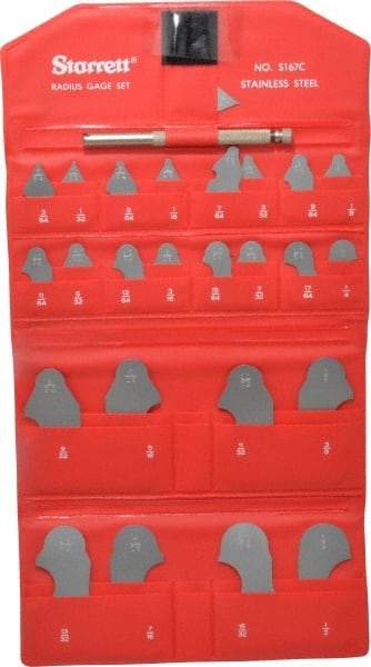 Starrett - 25 Piece, 1/64 to 1/2 Inch Radius, Stainless Steel Radius Gage Set - Satin Chrome Coated - Apex Tool & Supply