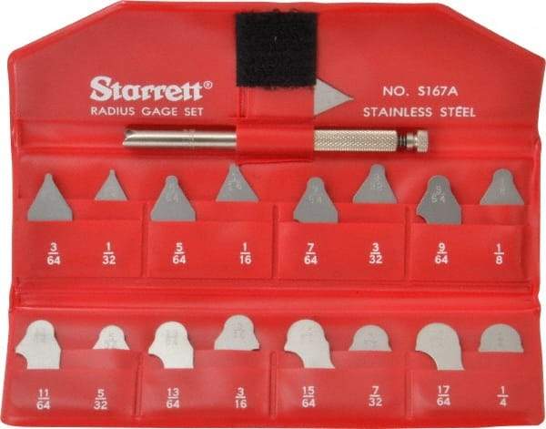 Starrett - 17 Piece, 1/64 to 17/64 Inch Radius, Stainless Steel Radius Gage Set - Satin Chrome Coated - Apex Tool & Supply