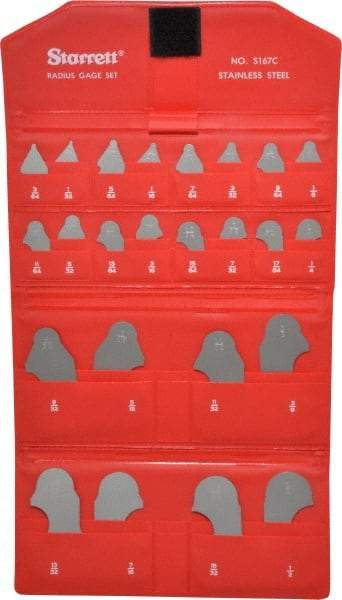 Starrett - 24 Piece, 1/32 to 1/2 Inch Radius, Stainless Steel Radius Gage Set - Satin Chrome Coated - Apex Tool & Supply