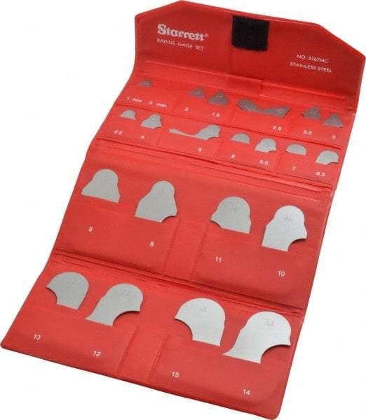 Starrett - 21 Piece, 1 to 15 mm Radius, Stainless Steel Radius Gage Set - Satin Chrome Coated - Apex Tool & Supply
