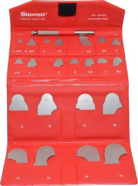 Starrett - 22 Piece, 0.5 to 15 mm Radius, Stainless Steel Radius Gage Set - Satin Chrome Coated - Apex Tool & Supply