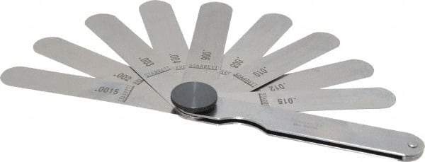 Starrett - 9 Piece, 0.0015 to 0.015" Thick, Parallel Feeler Gage Set - 3-1/32" Leaf Length, 1/2" Wide, Tempered Steel - Apex Tool & Supply
