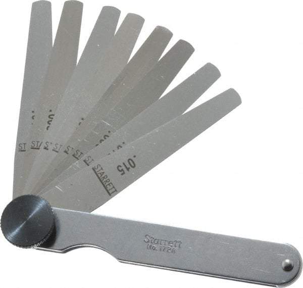 Starrett - 9 Piece, 0.0015 to 0.015" Thick, Tapered Feeler Gage Set - 3-1/32" Leaf Length, 1/4 to 1/2" (Tapered) Wide, Tempered Steel - Apex Tool & Supply