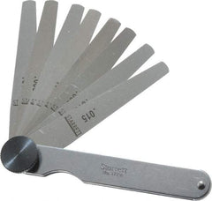 Starrett - 9 Piece, 0.0015 to 0.015" Thick, Tapered Feeler Gage Set - 3-1/32" Leaf Length, 1/4 to 1/2" (Tapered) Wide, Tempered Steel - Apex Tool & Supply