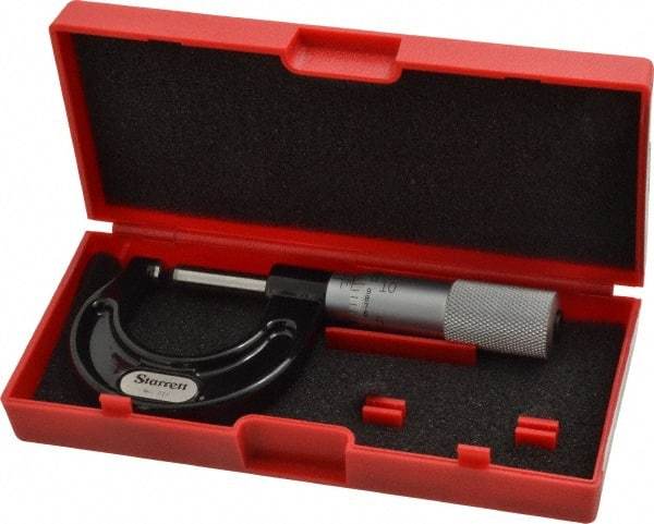 Starrett - Mechanical, 0 to 1 Inch Measurement, Satin Chrome Finish Carbide Face Ball Anvil Micrometer - 0.001 Inch Graduation, Plain Thimble - Apex Tool & Supply