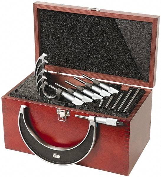 Starrett - 0 to 6" Range, 6 Piece Mechanical Outside Micrometer Set - 0.0001" Graduation, Ratchet Stop Thimble, Carbide Tipped Face - Apex Tool & Supply