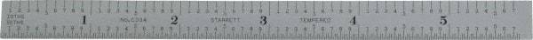 Starrett - 5-3/4" Long, 1/50, 1/10" and 0.5, 1mm Graduation, Flexible Steel Rule - Decimal/Metric Graduation Style, 1/2" Wide, Silver, Satin Chrome Finish - Apex Tool & Supply