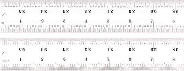 Starrett - 36" Long, 1/100, 1/64, 1/50, 1/32" Graduation, Rigid Spring Steel Rule - 16R Graduation Style, 1-1/2" Wide, Silver, Satin Chrome Finish - Apex Tool & Supply