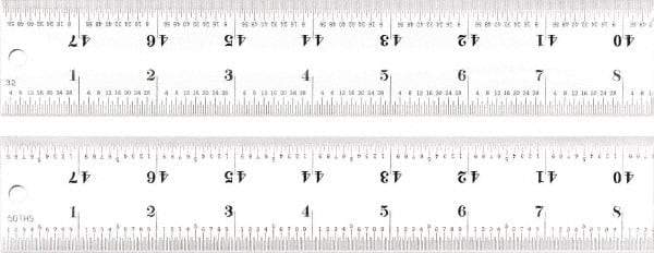Starrett - 48" Long, 1/100, 1/64, 1/50, 1/32" Graduation, Rigid Spring Steel Rule - 16R Graduation Style, 1-1/2" Wide, Silver, Satin Chrome Finish - Apex Tool & Supply