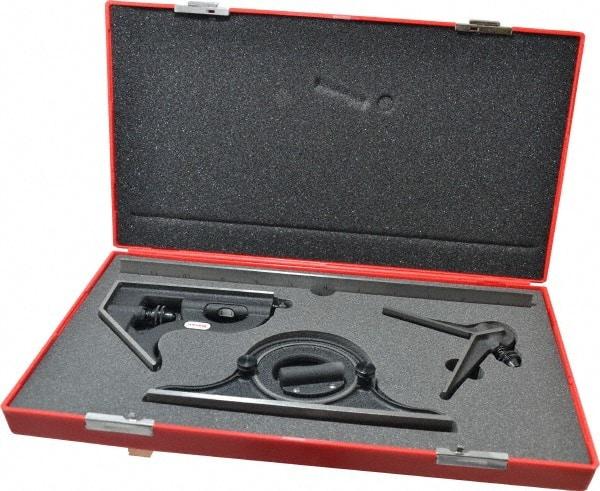 Starrett - 4 Piece, 12" Combination Square Set - 1/100, 1/32, 1/50 & 1/64" (16R) Graduation, Steel Blade, Cast Iron Center, Protractor & Square Head - Apex Tool & Supply