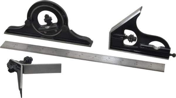 Starrett - 4 Piece, 12" Combination Square Set - 1/100, 1/32, 1/50 & 1/64" (16R) Graduation, Steel Blade, Forged Steel Center, Protractor & Square Head - Apex Tool & Supply