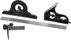 Starrett - 4 Piece, 12" Combination Square Set - 1/100, 1/32, 1/50 & 1/64" (16R) Graduation, Steel Blade, Forged Steel Center, Protractor & Square Head - Apex Tool & Supply