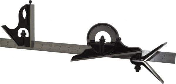 Starrett - 4 Piece, 18" Combination Square Set - 1/16, 1/32, 1/64 & 1/8" (4R) Graduation, Steel Blade, Forged Steel Center, Protractor & Square Head - Apex Tool & Supply