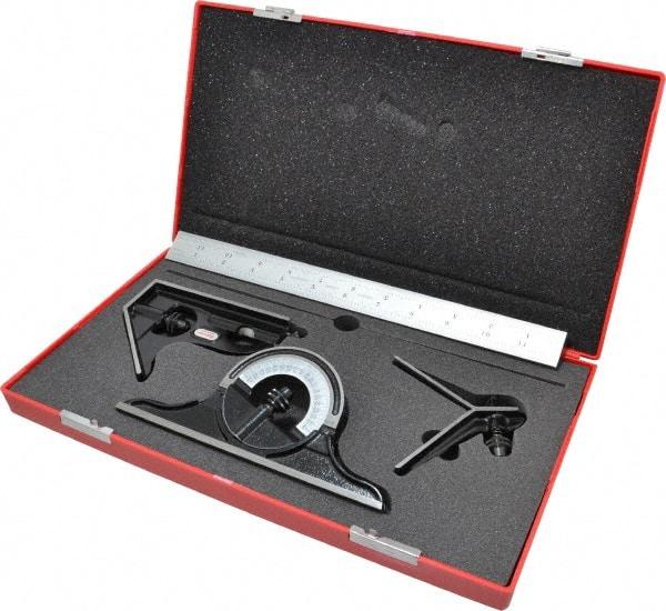 Starrett - 4 Piece, 12" Combination Square Set - 1/100, 1/32, 1/50 & 1/64" (16R) Graduation, Steel Blade, Forged Steel Center, Protractor & Square Head - Apex Tool & Supply