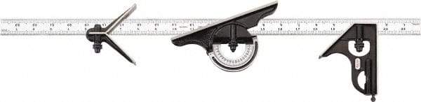 Starrett - 4 Piece, 24" Combination Square Set - 1/100, 1/32, 1/50 & 1/64" (16R) Graduation, Hardened Steel Blade, Cast Iron & Forged Steel Center, Protractor & Square Head - Apex Tool & Supply