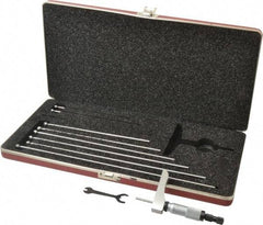 Starrett - 0 to 9" Range, 9 Rod, Satin Chrome Finish Mechanical Depth Micrometer - Ratchet Stop Thimble, 2" Base Length, 0.01mm Graduation, 5/32" Rod Diam - Apex Tool & Supply