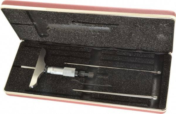Starrett - 0 to 3" Range, 3 Rod, Satin Chrome Finish Mechanical Depth Micrometer - Ratchet Stop Thimble, 3" Base Length, 0.01mm Graduation, 5/32" Rod Diam - Apex Tool & Supply