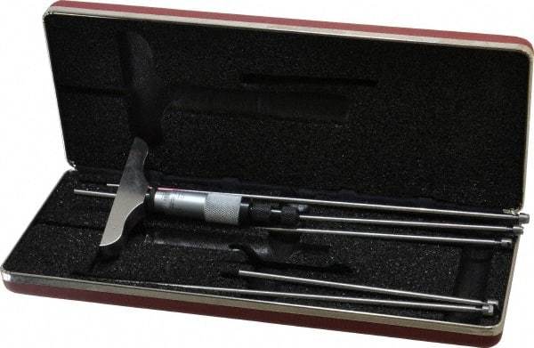 Starrett - 0 to 6" Range, 6 Rod, Satin Chrome Finish Mechanical Depth Micrometer - Ratchet Stop Thimble, 3" Base Length, 0.01mm Graduation, 5/32" Rod Diam - Apex Tool & Supply