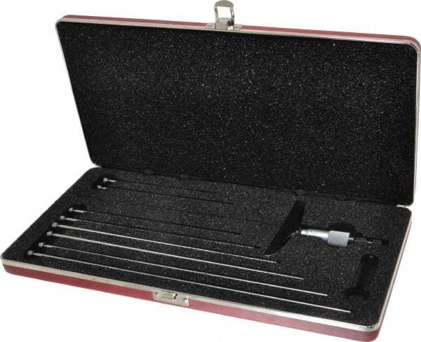 Starrett - 0 to 9" Range, 9 Rod, Satin Chrome Finish Mechanical Depth Micrometer - Ratchet Stop Thimble, 4" Base Length, 0.01mm Graduation, 5/32" Rod Diam - Apex Tool & Supply