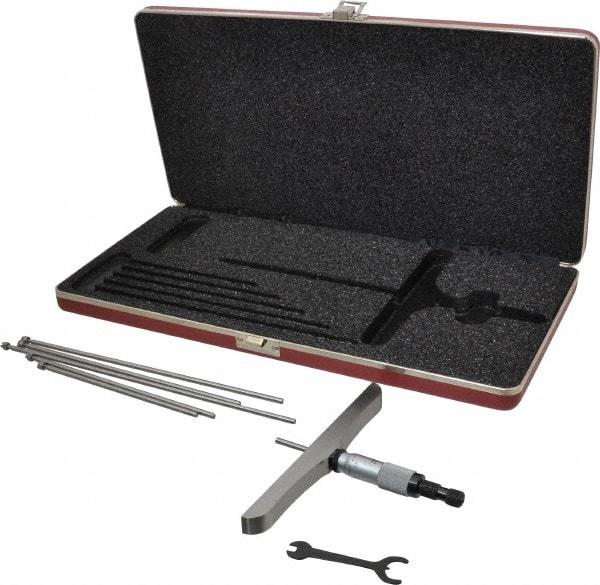 Starrett - 0 to 6" Range, 6 Rod, Satin Chrome Finish Mechanical Depth Micrometer - Ratchet Stop Thimble, 6" Base Length, 0.01mm Graduation, 5/32" Rod Diam - Apex Tool & Supply