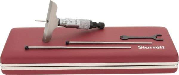 Starrett - 0 to 3" Range, 3 Rod, Mechanical Depth Micrometer - Ratchet Stop Thimble, 2-1/2" Base Length, 0.01mm Graduation, 1/8" Rod Diam - Apex Tool & Supply