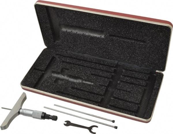 Starrett - 0 to 3" Range, 3 Rod, Mechanical Depth Micrometer - Ratchet Stop Thimble, 4" Base Length, 0.01mm Graduation, 1/8" Rod Diam - Apex Tool & Supply
