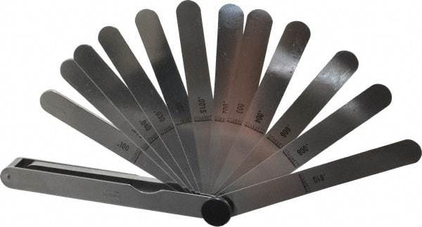Starrett - 13 Piece, 0.0015 to 0.2" Thick, Parallel Feeler Gage Set - 4-1/2" Leaf Length, 1/2" Wide, Tempered Steel - Apex Tool & Supply