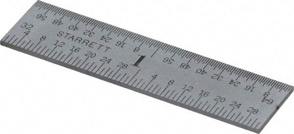 Starrett - 2" Long, 1/64, 1/32, 1/16, 1/8" Graduation, Rigid Spring Steel Rule - 4R Graduation Style, 1/2" Wide, Silver, Satin Chrome Finish - Apex Tool & Supply