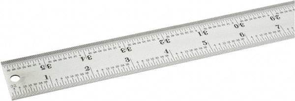 Starrett - 36" Long, 1/64, 1/32, 1/16, 1/8" Graduation, Rigid Spring Steel Rule - 4R Graduation Style, 1-1/4" Wide, Silver, Satin Chrome Finish - Apex Tool & Supply