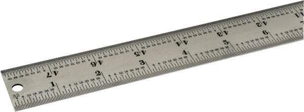 Starrett - 48" Long, 1/64, 1/32, 1/16, 1/8" Graduation, Rigid Spring Steel Rule - 4R Graduation Style, 1-1/4" Wide, Silver, Satin Chrome Finish - Apex Tool & Supply