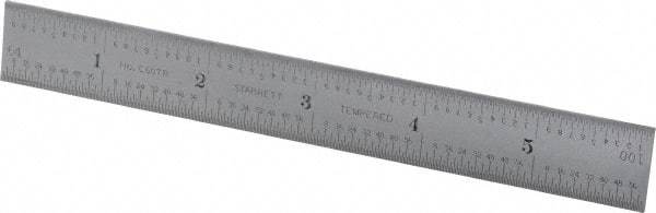 Starrett - 6" Long, 1/100, 1/64, 1/32, 1/16" Graduation, Rigid Spring Steel Rule - 7R Graduation Style, 3/4" Wide, Silver, Satin Chrome Finish - Apex Tool & Supply