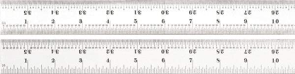 Starrett - 36" Long, 1/100, 1/64, 1/32, 1/16" Graduation, Rigid Spring Steel Rule - 7R Graduation Style, 1-1/4" Wide, Silver, Satin Chrome Finish - Apex Tool & Supply